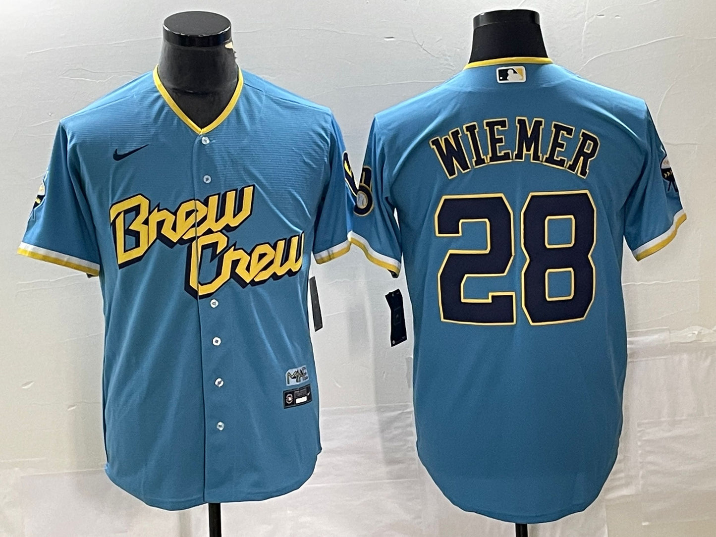 Men's Milwaukee Brewers Joey Wiemer #28 Powder Blue 2022 City Connect Replica Player Jerseys