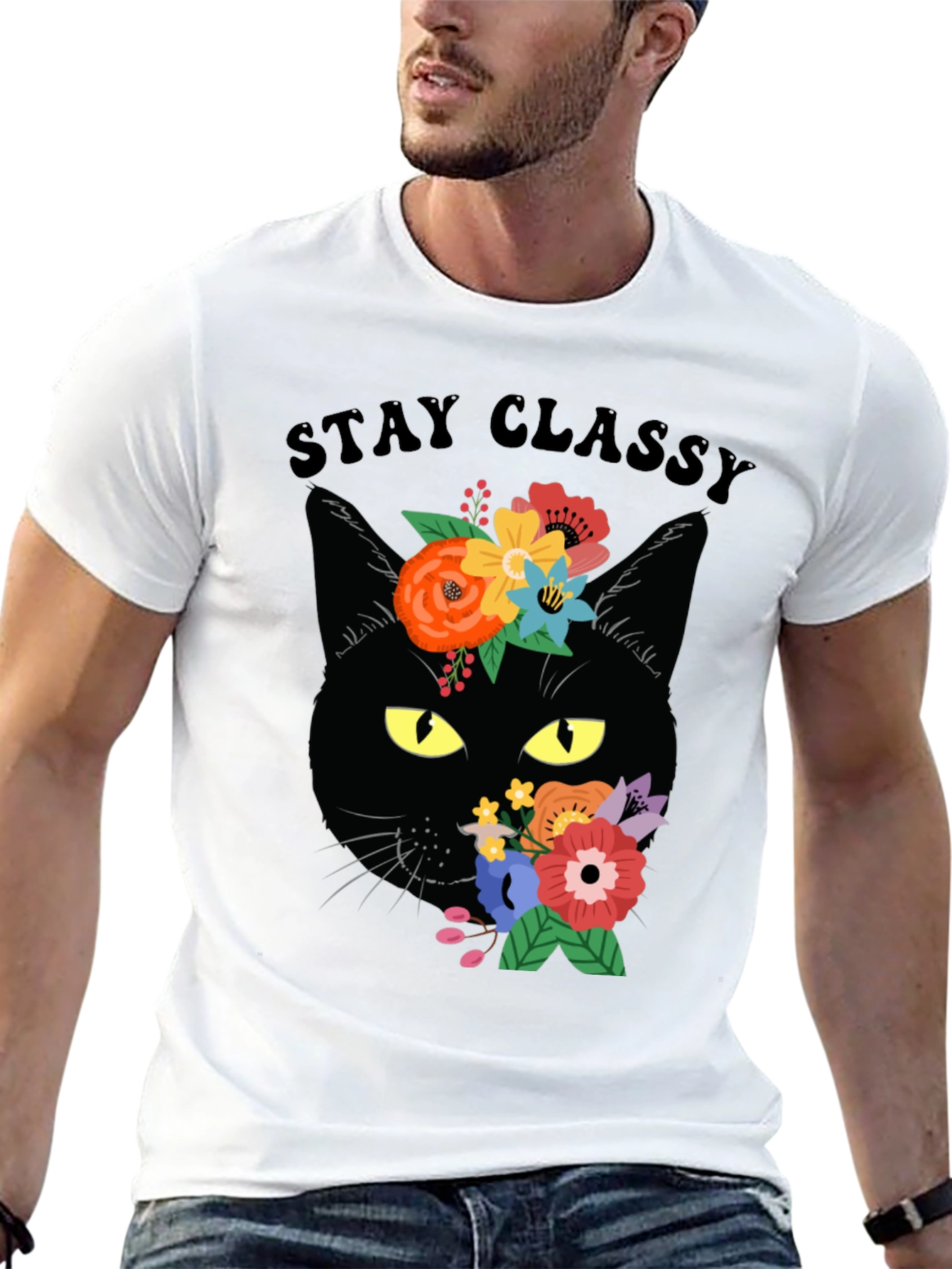 Stay Classy Black Cat Floral T-Shirt