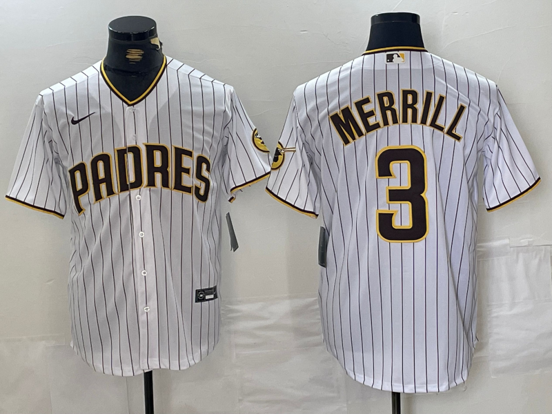 Men's San Diego Padres Jackson Merrill #3 White Home Replica Player Jerseys
