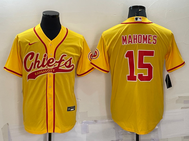 Men's Kansas City Chiefs Patrick Mahomes #15 Gold Game Jerseys Joint Edition