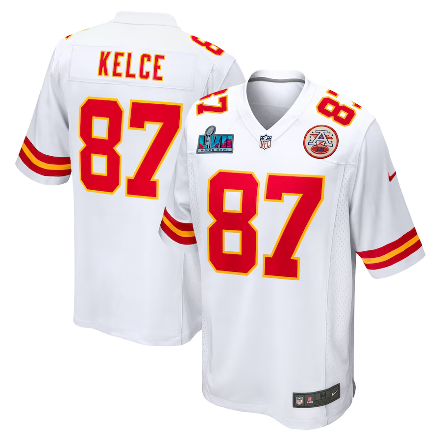 Men's Kansas City Chiefs Travis Kelce #87 White Super Bowl LVII Patch Away Game Jerseys