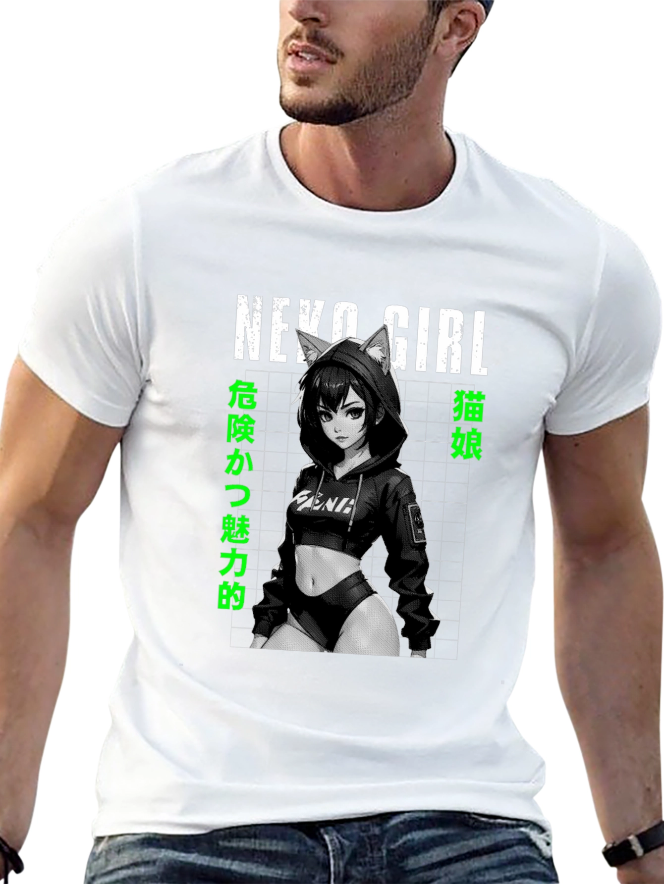 Neko Girl Anime Graphic T-Shirt - Black