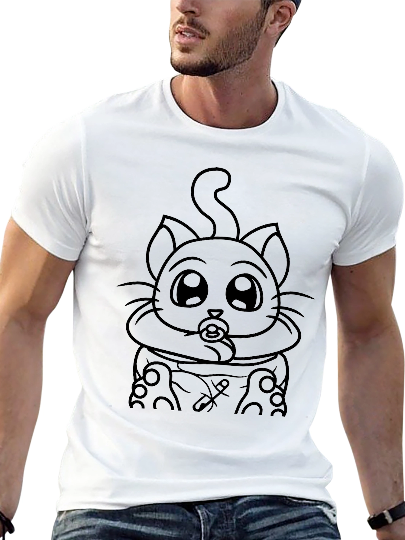 Cute Cartoon Cat on Black Unisex T-Shirt