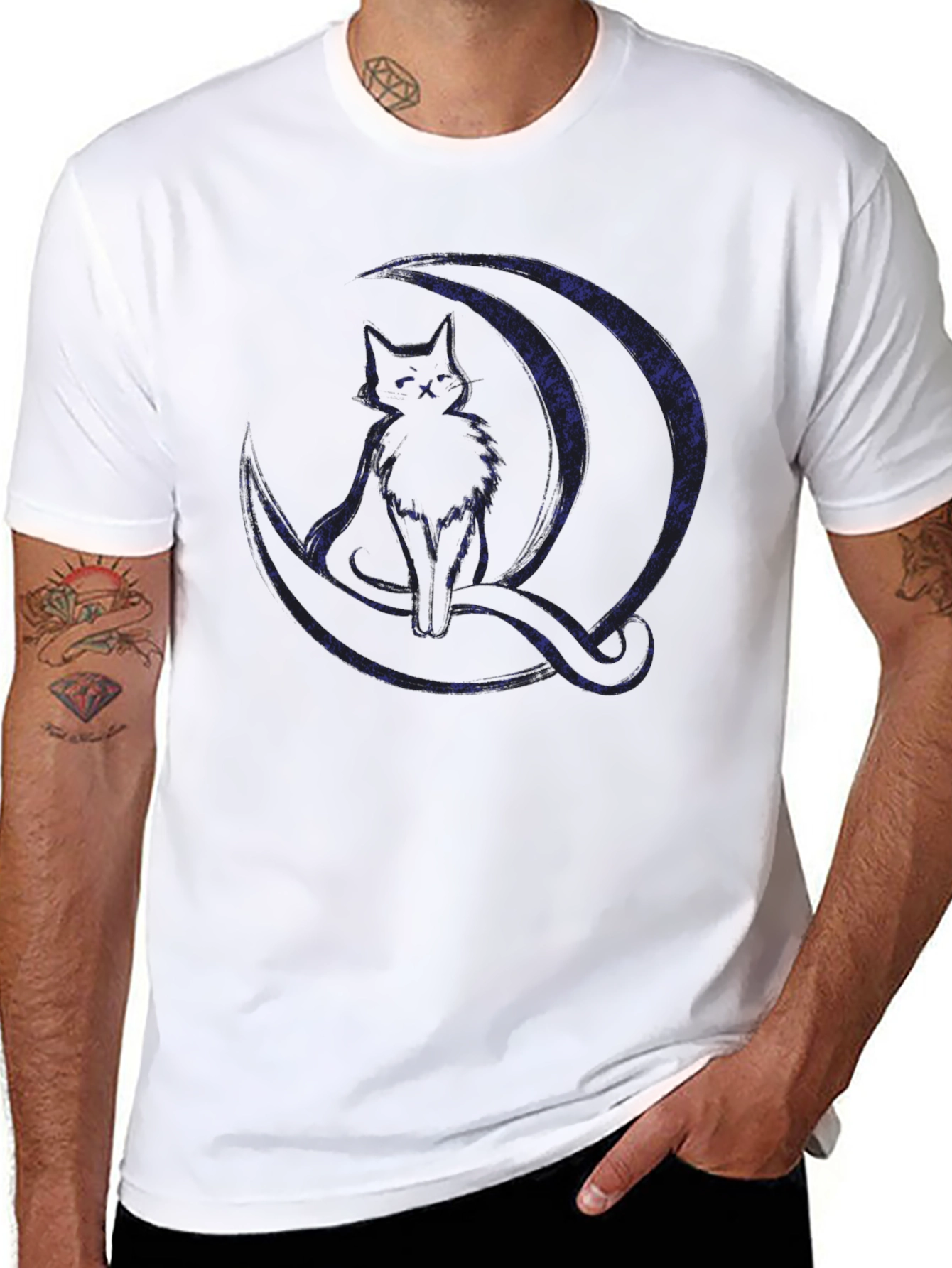 Cat on Moon T-Shirt - Black Graphic Tee