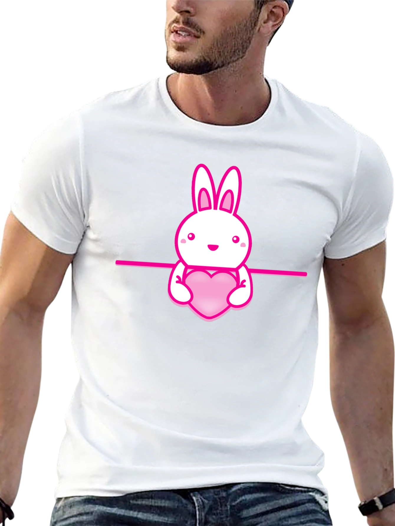 Cute Bunny Holding Heart Black T-Shirt