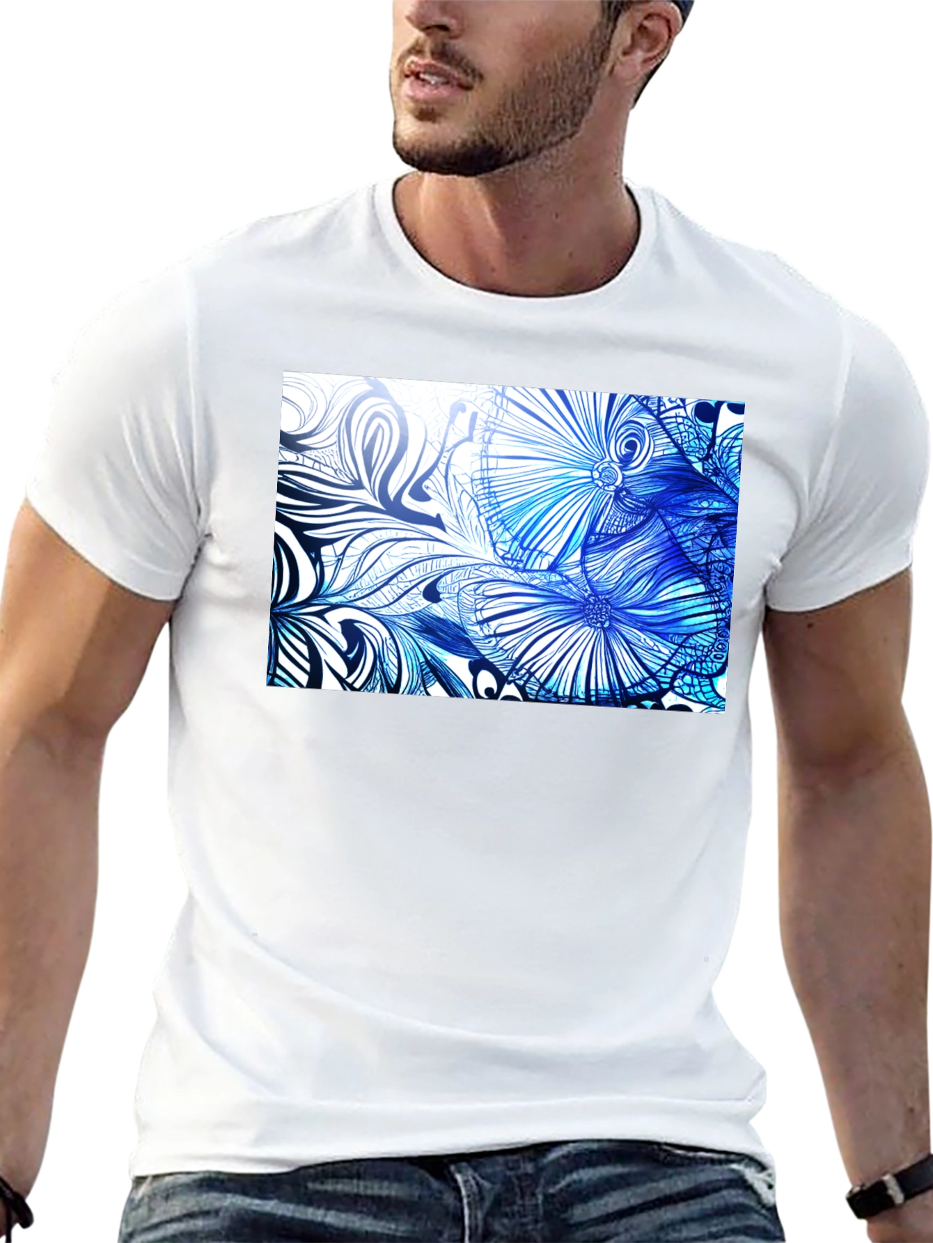 Blue Floral Art Black T-Shirt