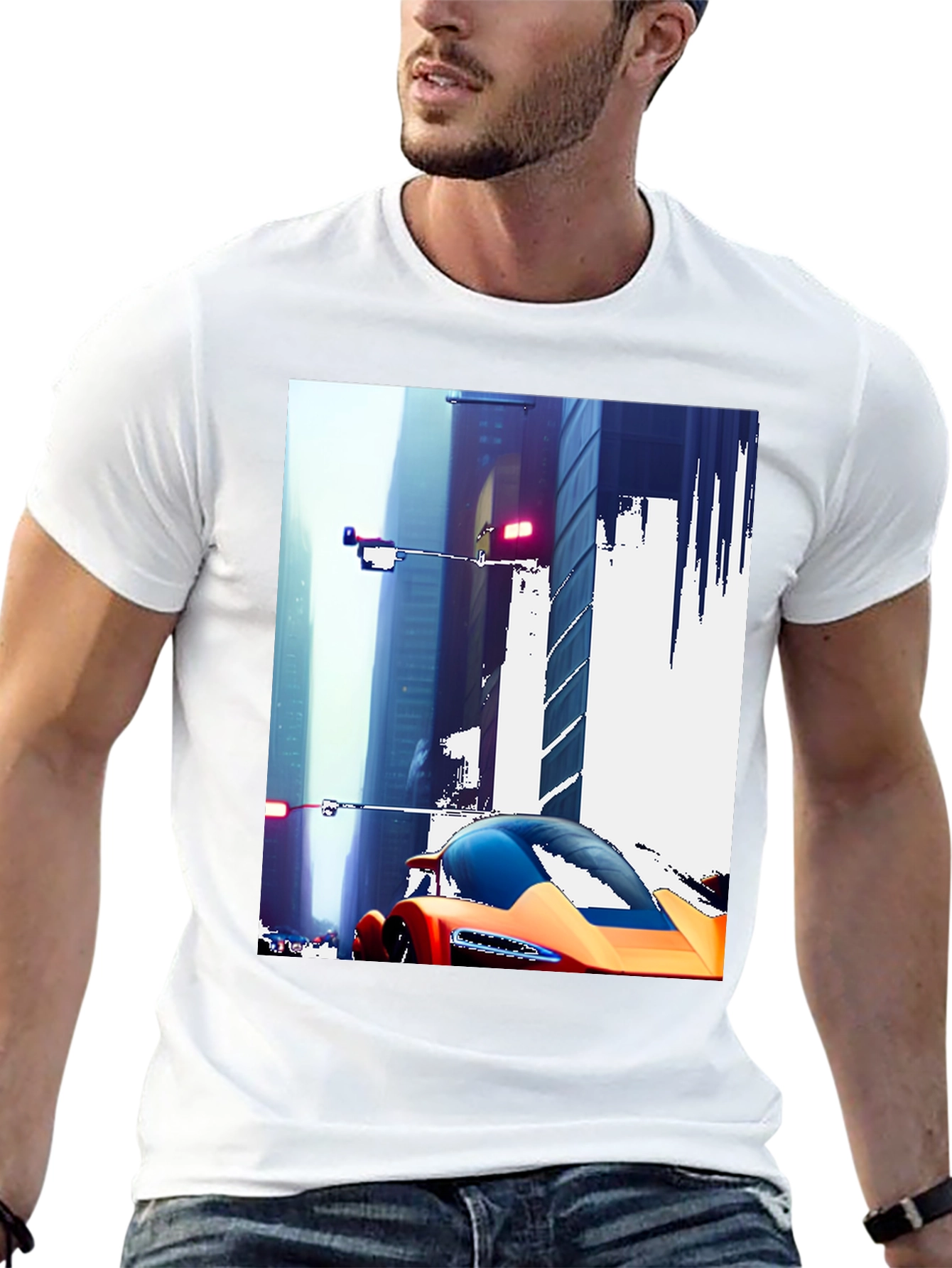 Futuristic Car Cityscape Graphic Black T-Shirt