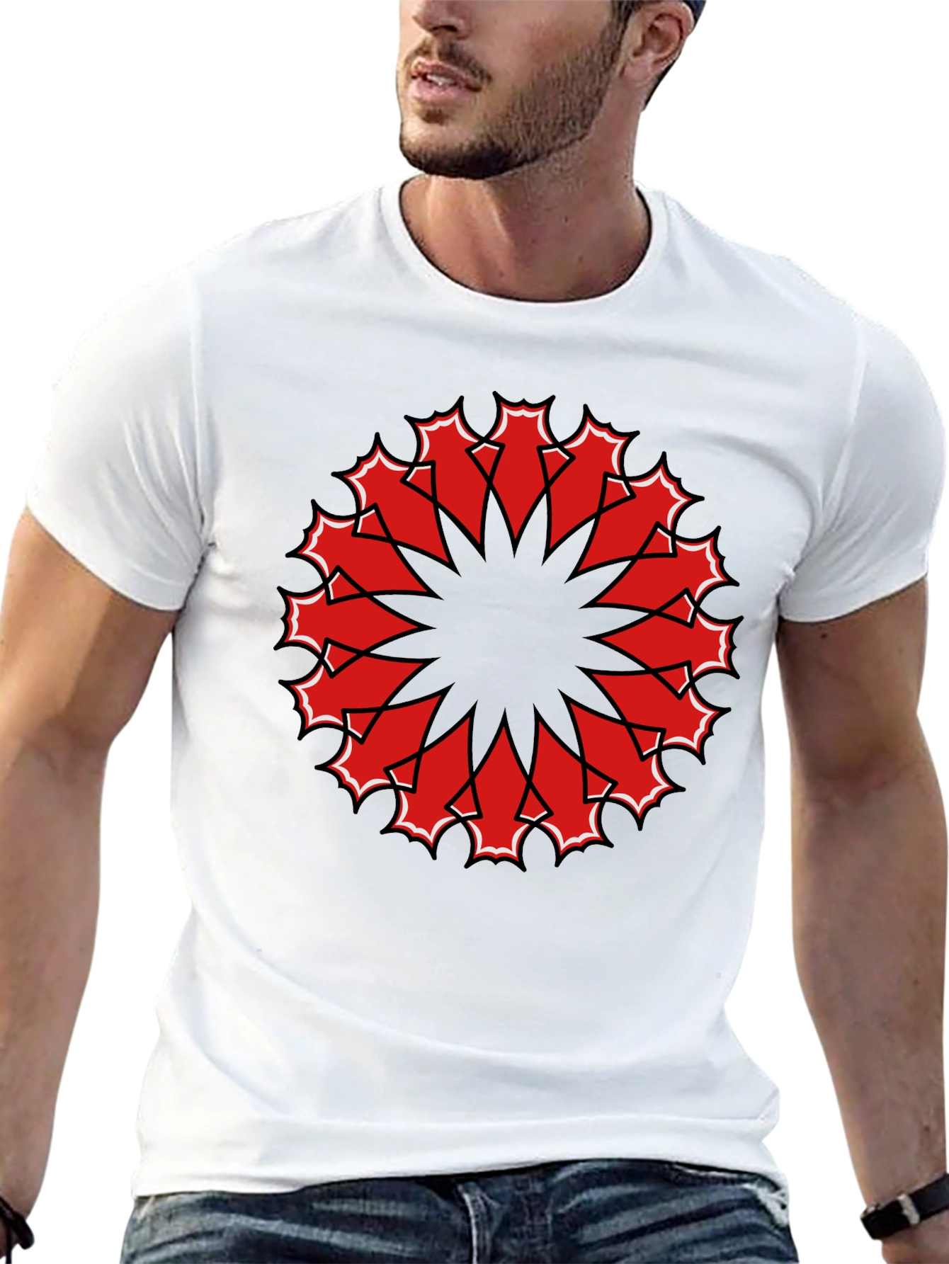 Black Tee with Red Geometric Mandala Design