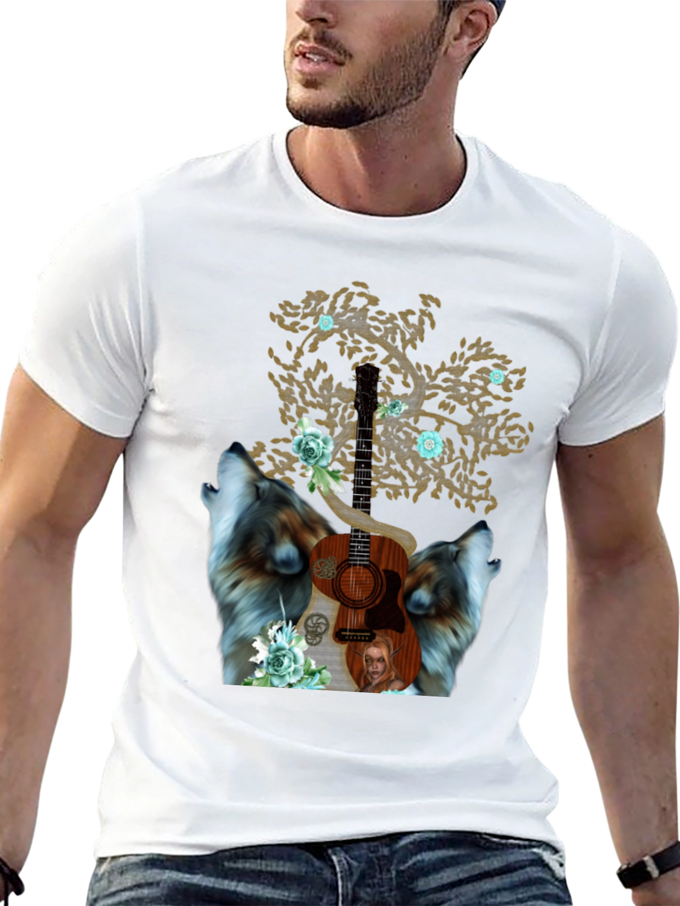 Wolf Guitar Tree Mens Graphic Tee