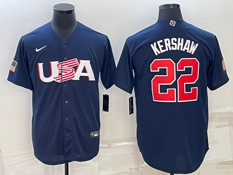 Men's 2023 World Baseball Classic #22 Clayton Kershaw USA Navy Jerseys