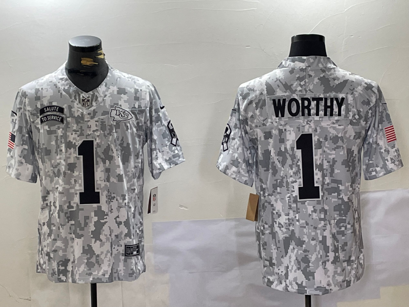Men's Kansas City Chiefs Xavier Worthy #1 Arctic Camo 2024 Salute to Service Limited Jerseys