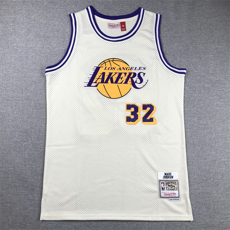 Men's Los Angeles Lakers Magic Johnson #32 Cream Hardwood Classics Swingman Jerseys