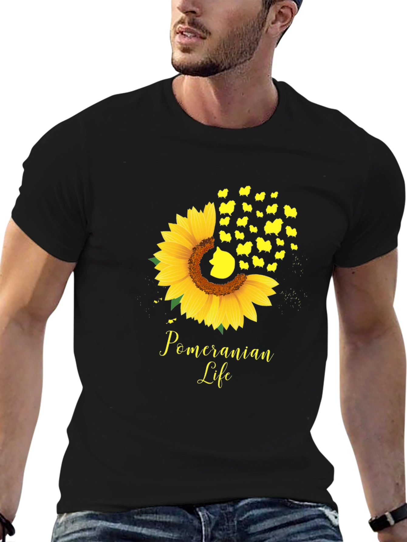 Pomeranian Life Sunflower Graphic Tee - Black