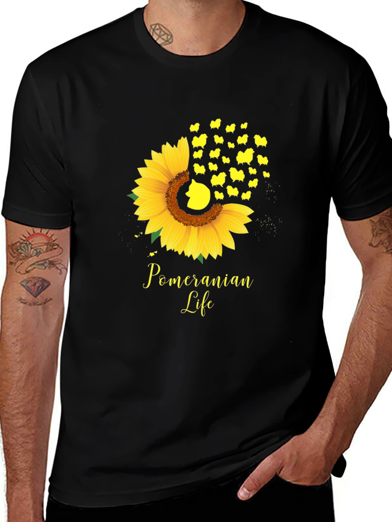 Pomeranian Life Sunflower Graphic Tee - Black