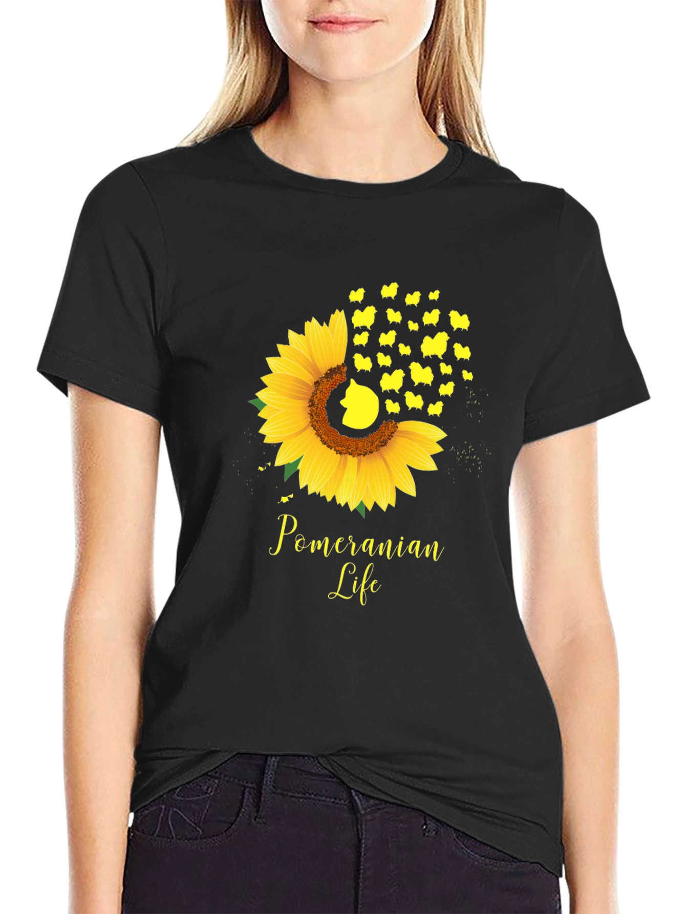 Pomeranian Life Sunflower Graphic Tee - Black