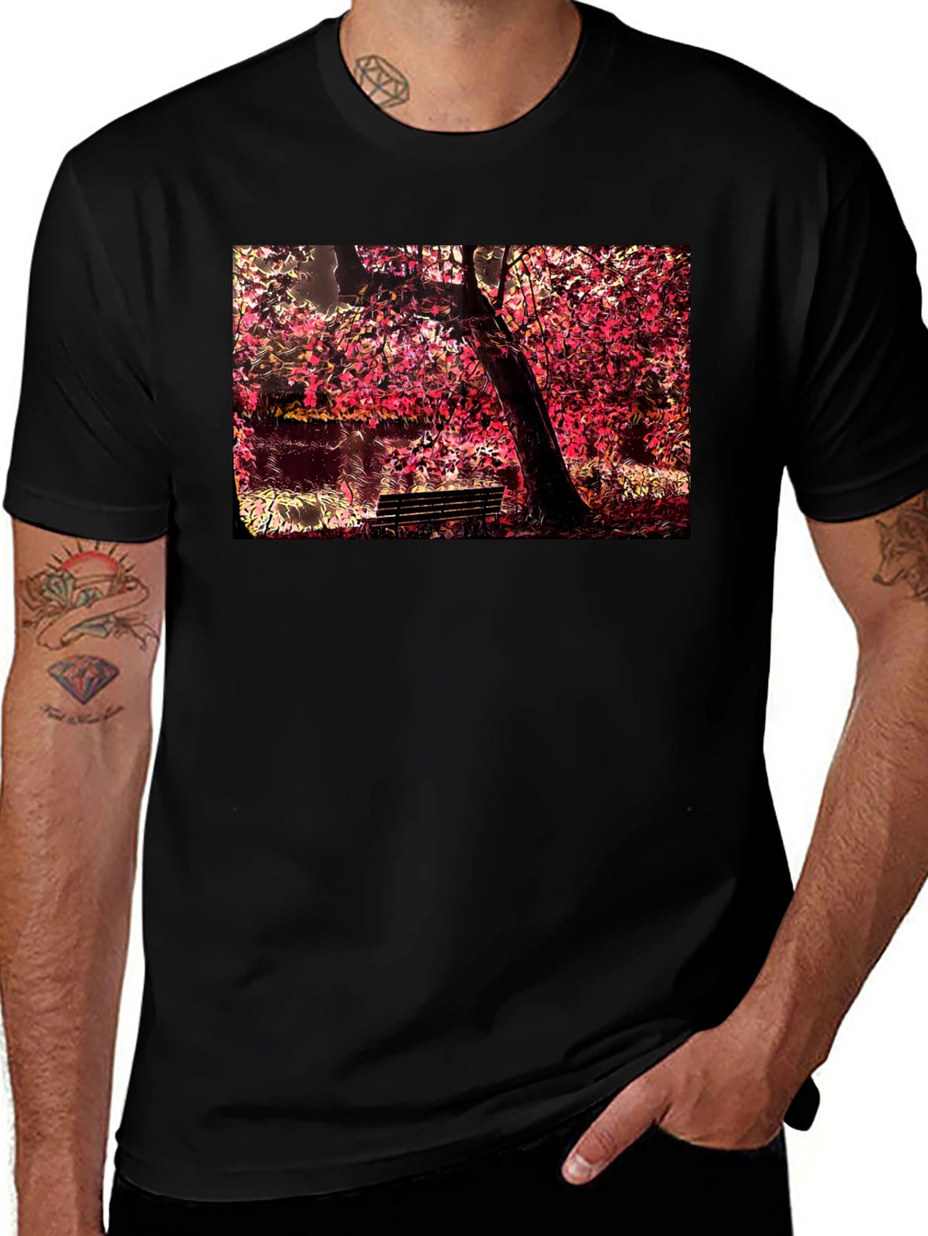 Park Bench Tree Black T-Shirt