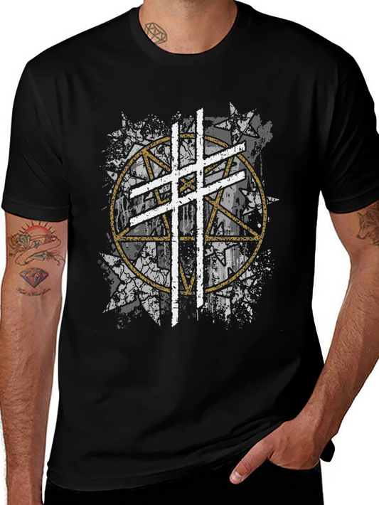Occult Pentagram Cross Graphic T-Shirt - Black