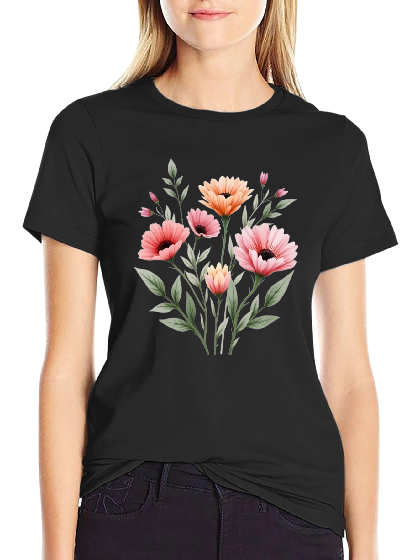 Floral Graphic Print Black T-Shirt