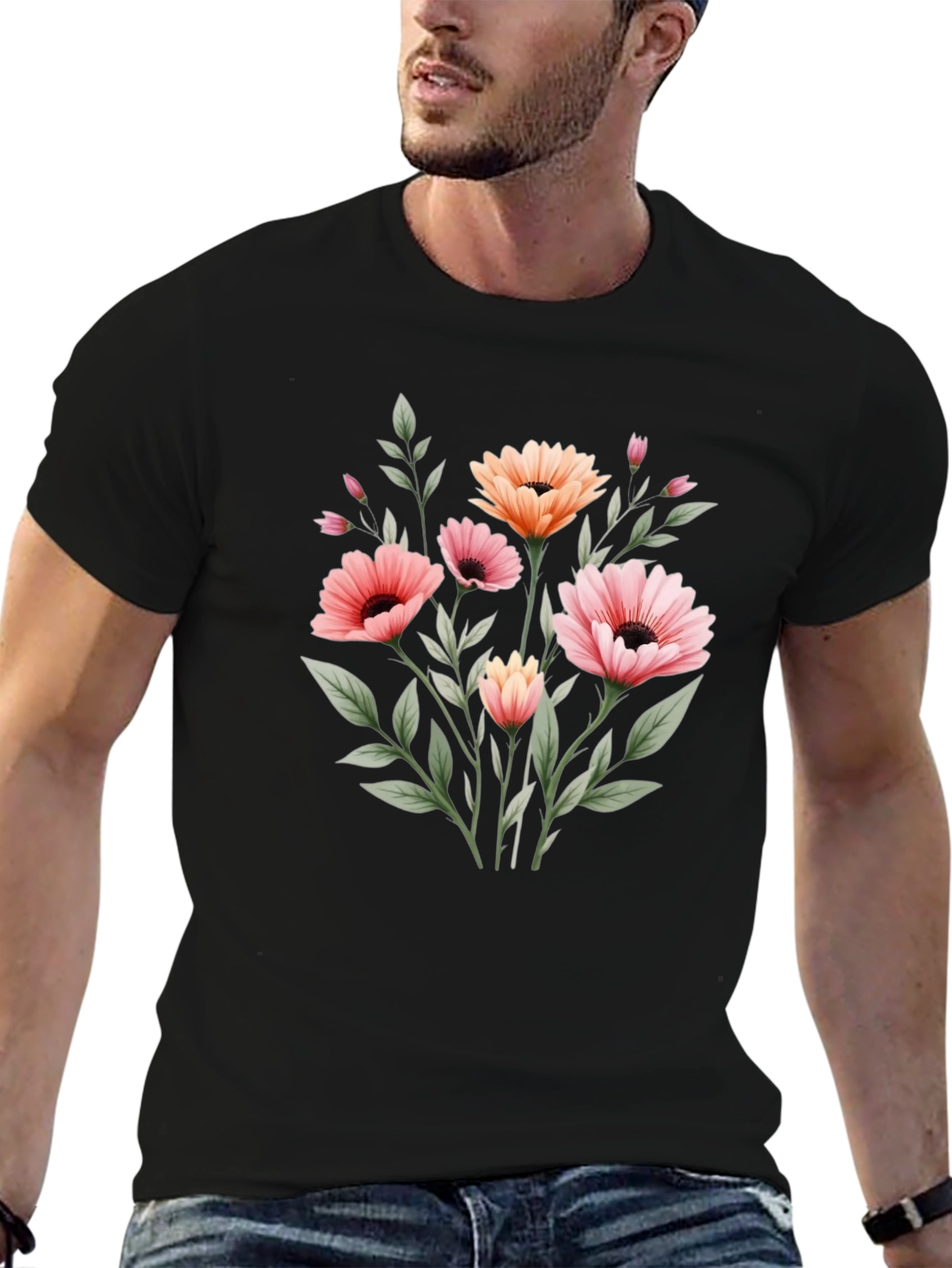 Floral Graphic Print Black T-Shirt