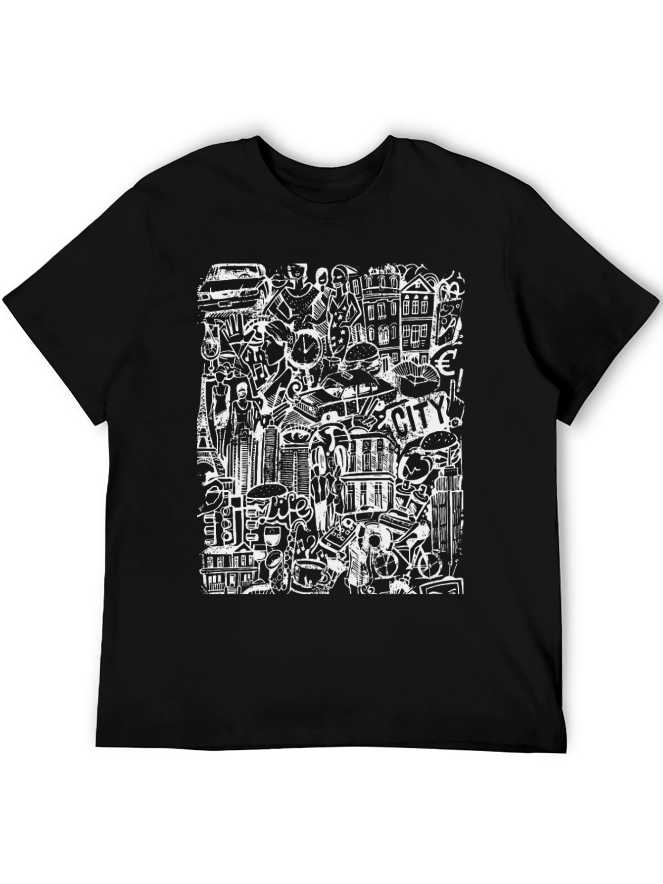 Cityscape Doodle Graphic Tee - Black Urban Style