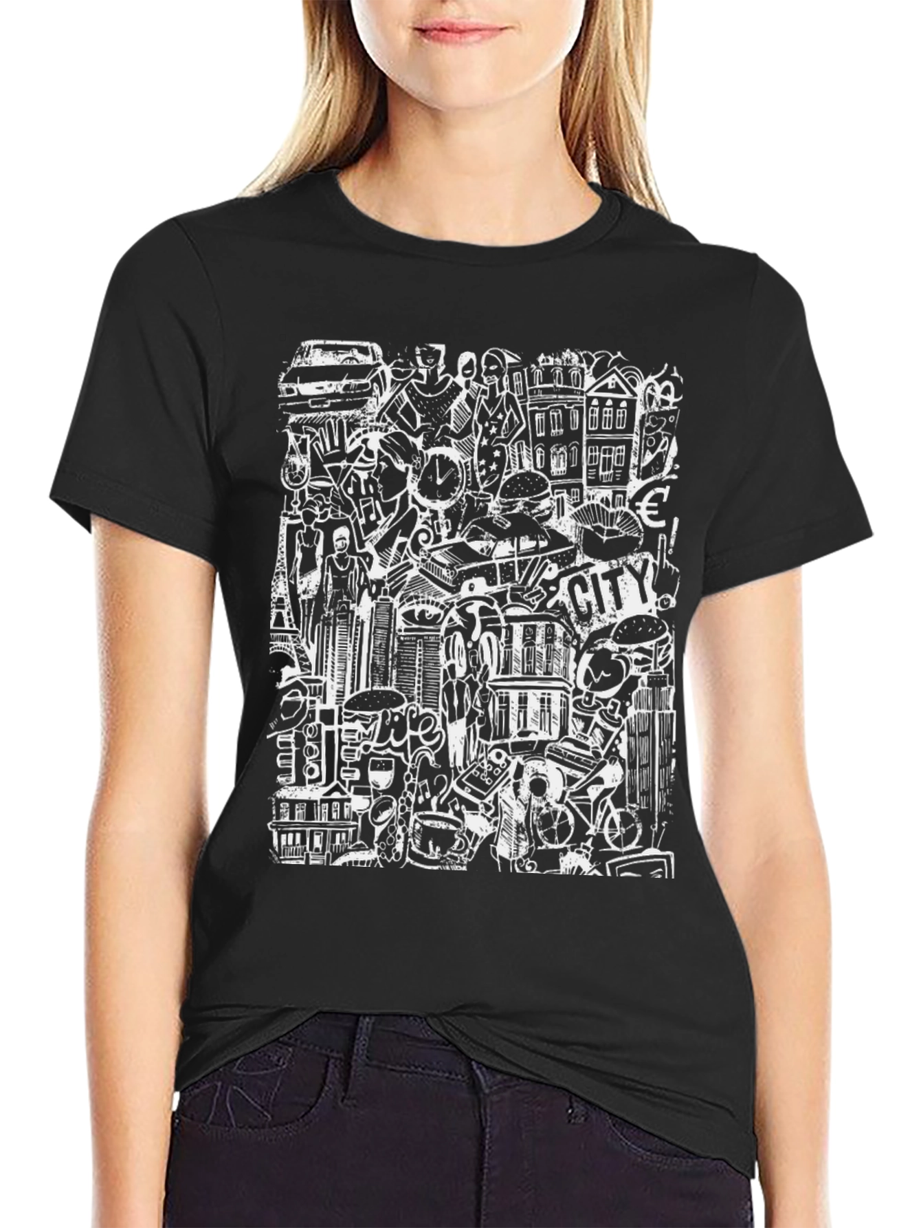 Cityscape Doodle Graphic Tee - Black Urban Style