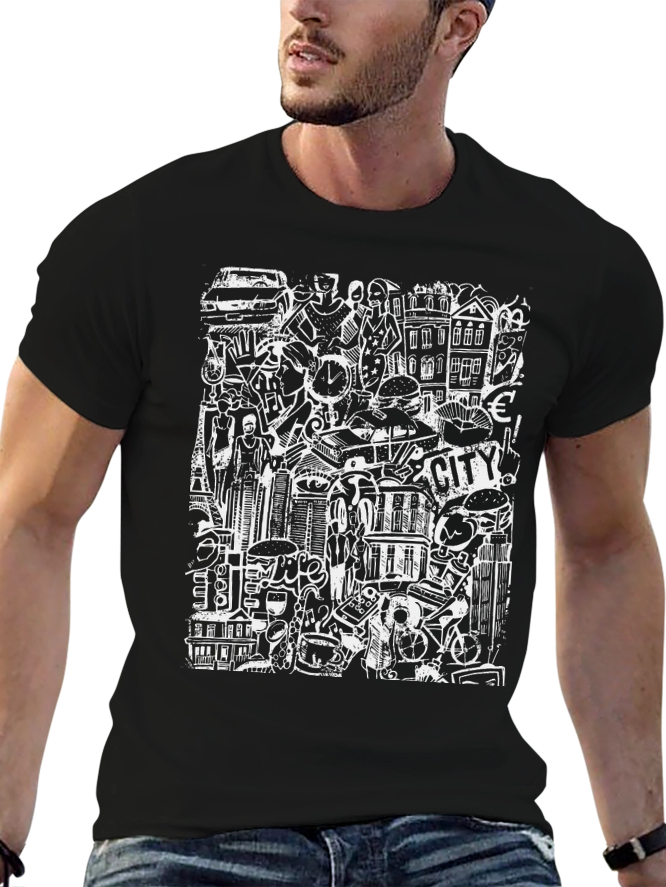 Cityscape Doodle Graphic Tee - Black Urban Style