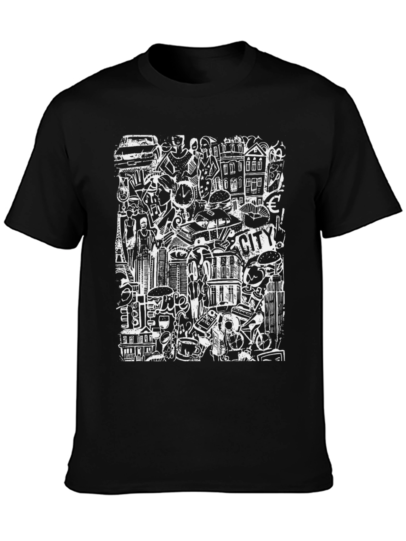 Cityscape Doodle Graphic Tee - Black Urban Style