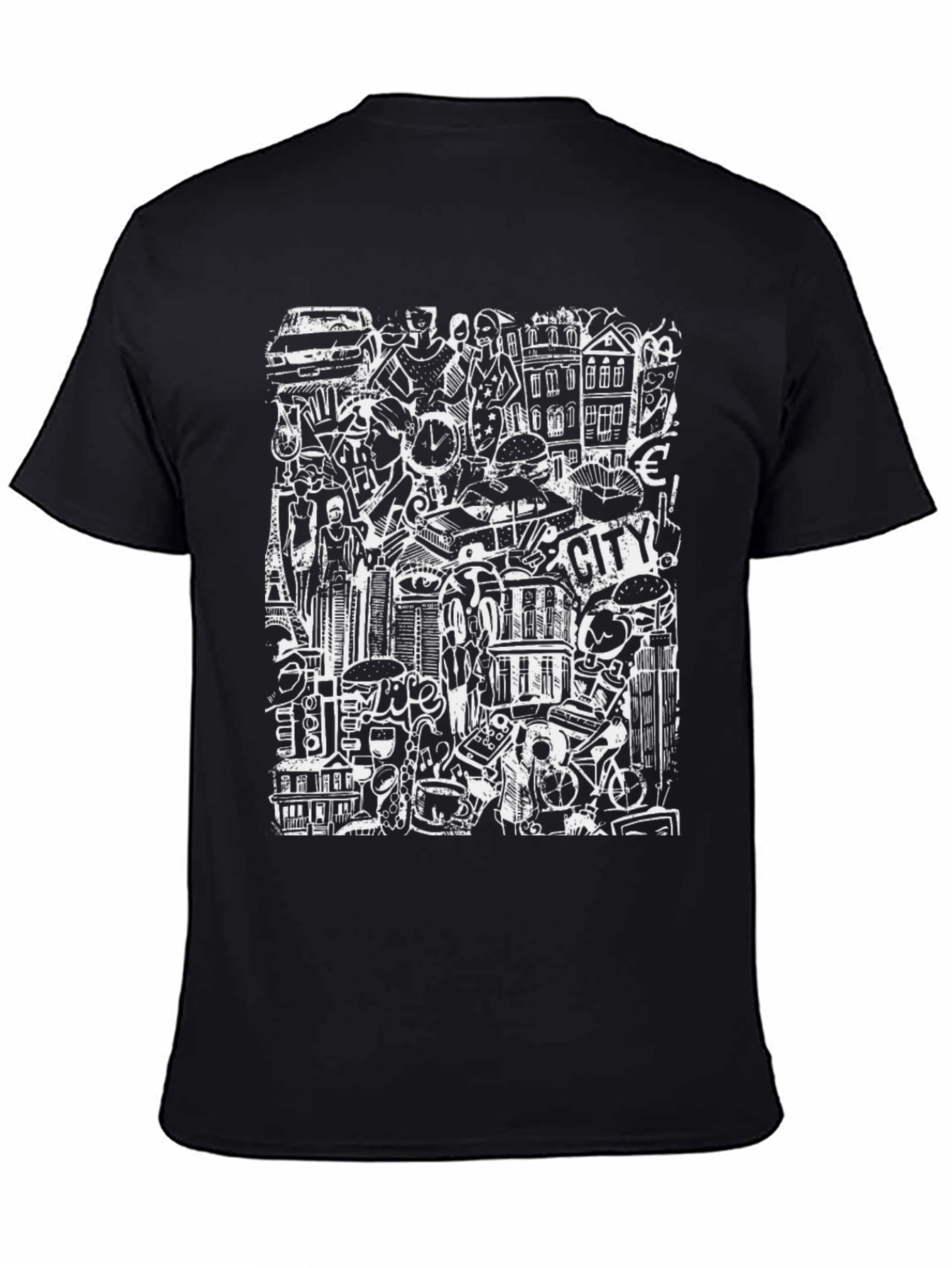 Cityscape Doodle Graphic Tee - Black Urban Style