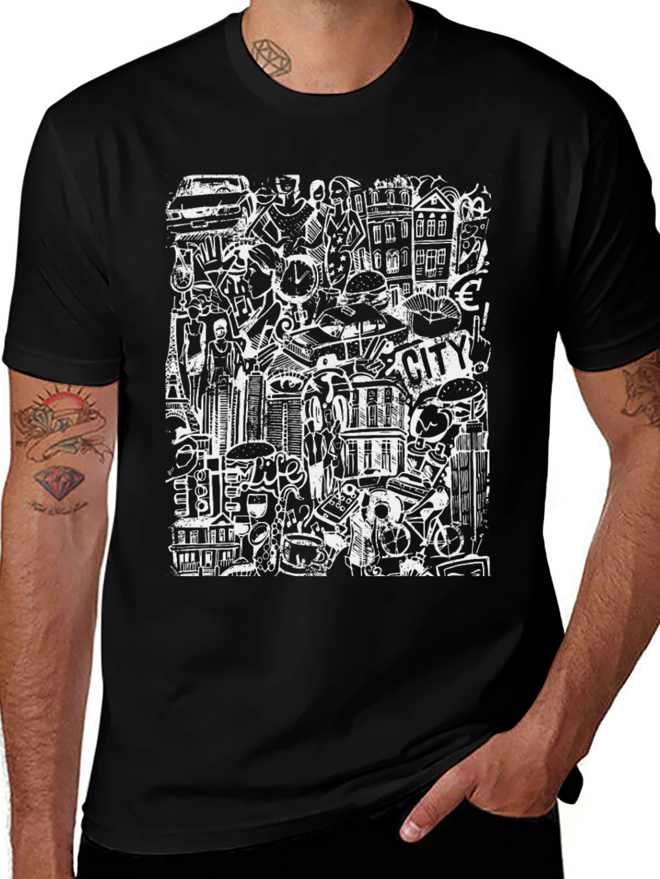 Cityscape Doodle Graphic Tee - Black Urban Style