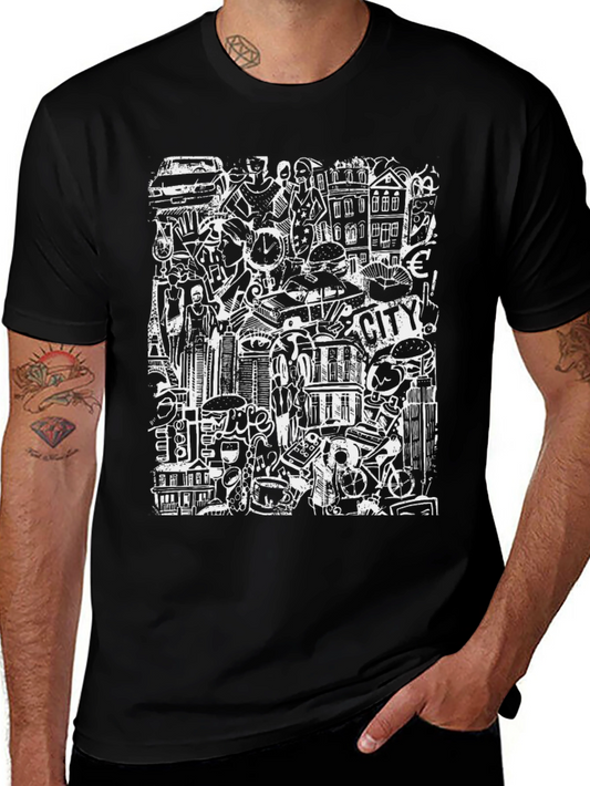 Cityscape Doodle Graphic Tee - Black Urban Style