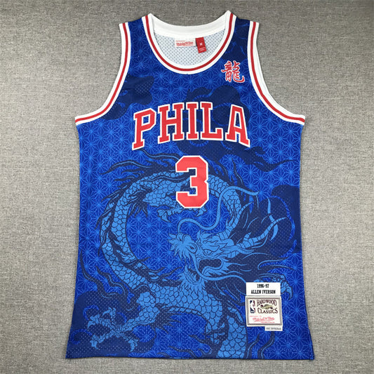 Men's Philadelphia 76ers Allen Iverson #3 Blue Year of Dragon Edition Swingman Jerseys
