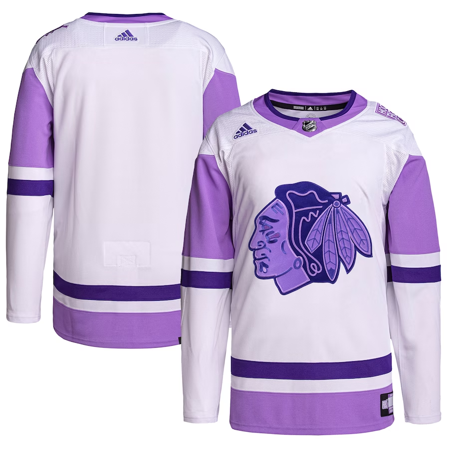 Men's Chicago Blackhawks White/Purple Hockey Fights Cancer Primegreen Authentic Blank Practice Jerseys