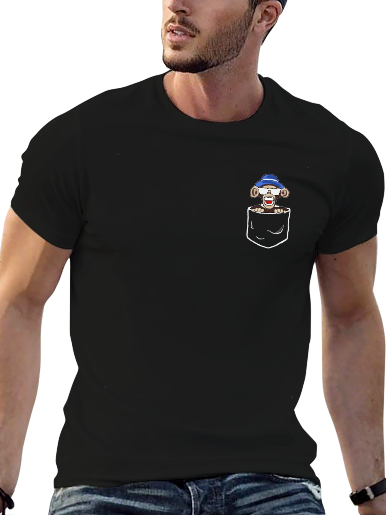 Monkey in Pocket Graphic Tee - Black Casual T-Shirt