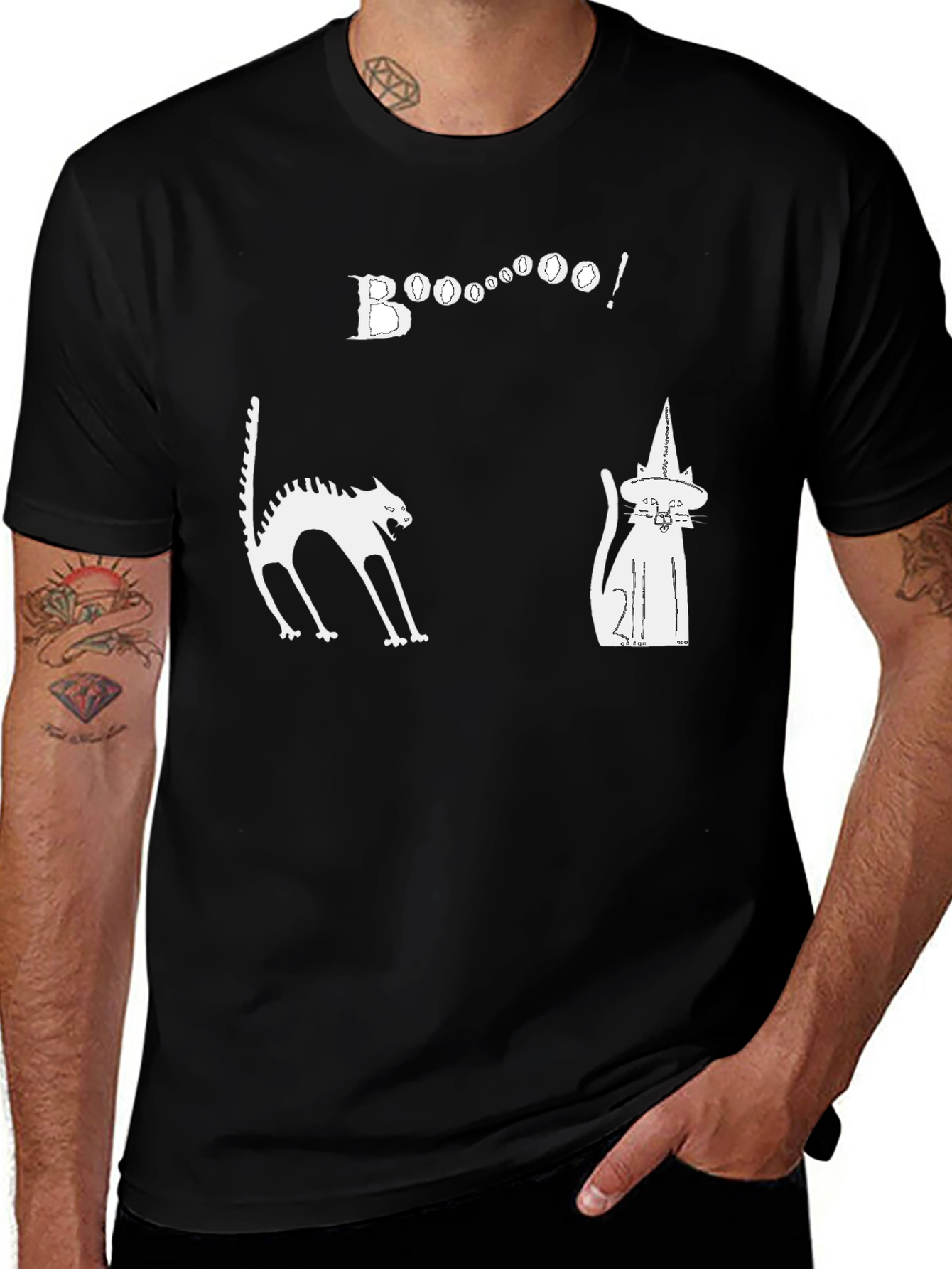 Halloween Cats Boo Graphic Black T-Shirt