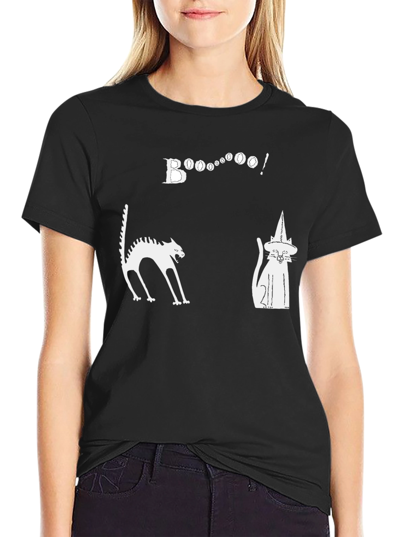 Halloween Cats Boo Graphic Black T-Shirt