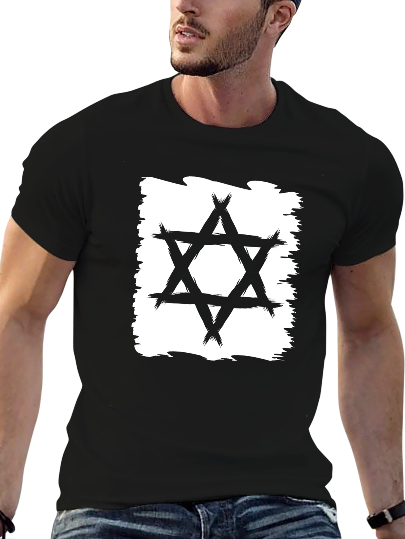Star of David Brushstroke T-Shirt - Black Cotton