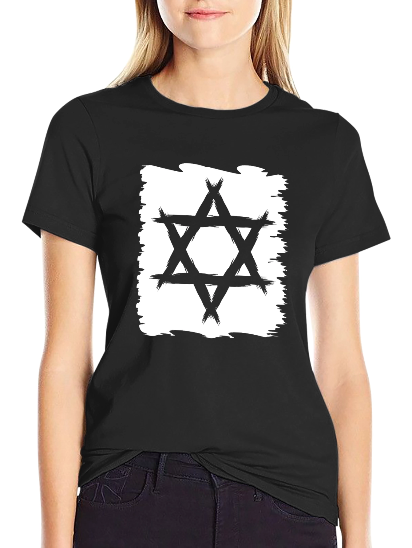 Star of David Brushstroke T-Shirt - Black Cotton