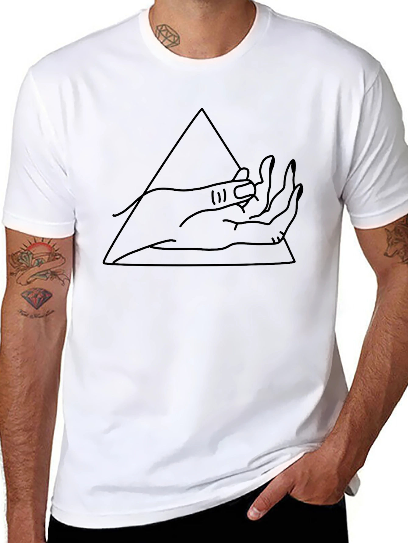 Minimalist Hand Triangle Graphic Black T-Shirt