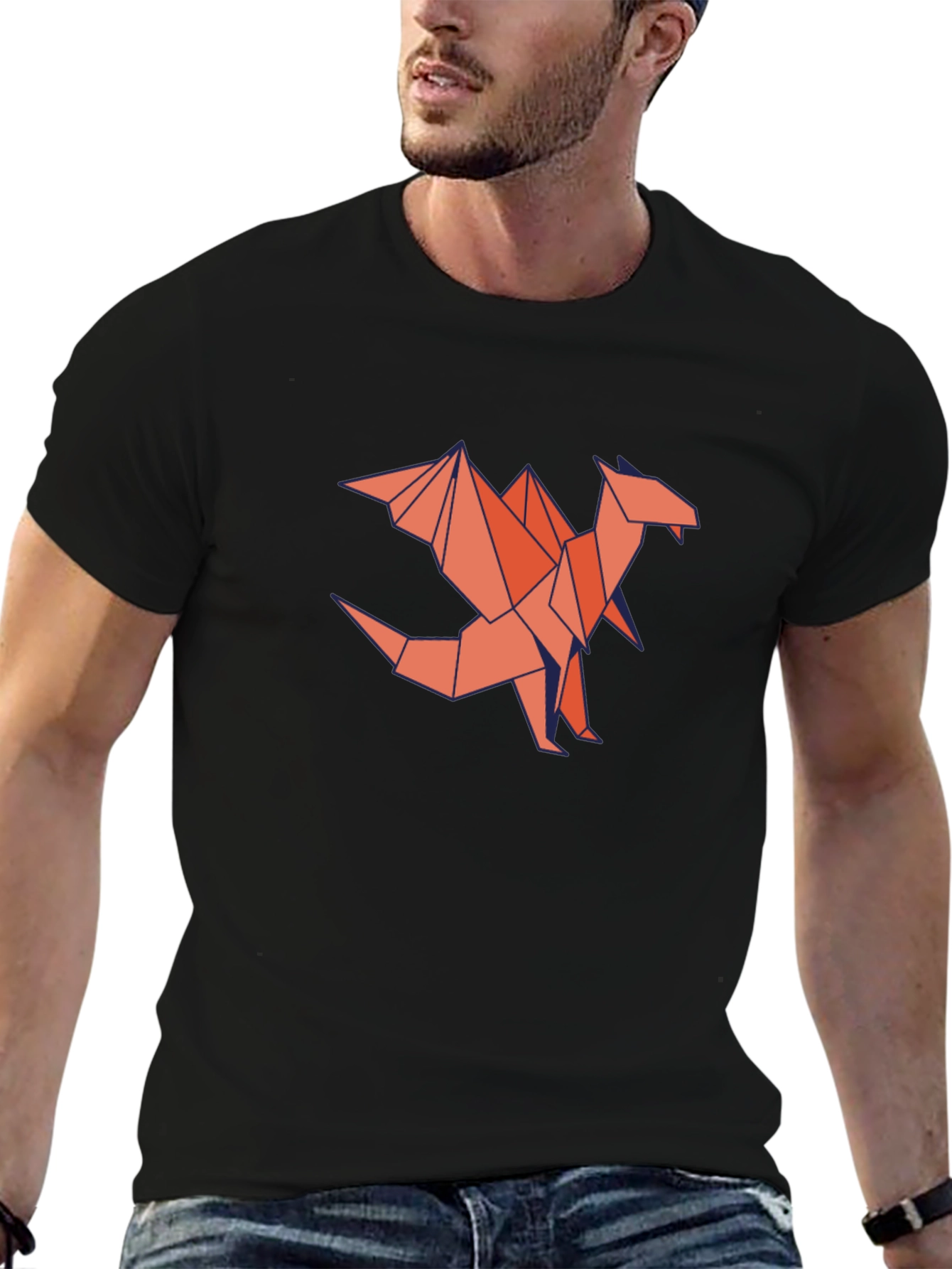 Geometric Dragon Graphic T-Shirt - Black