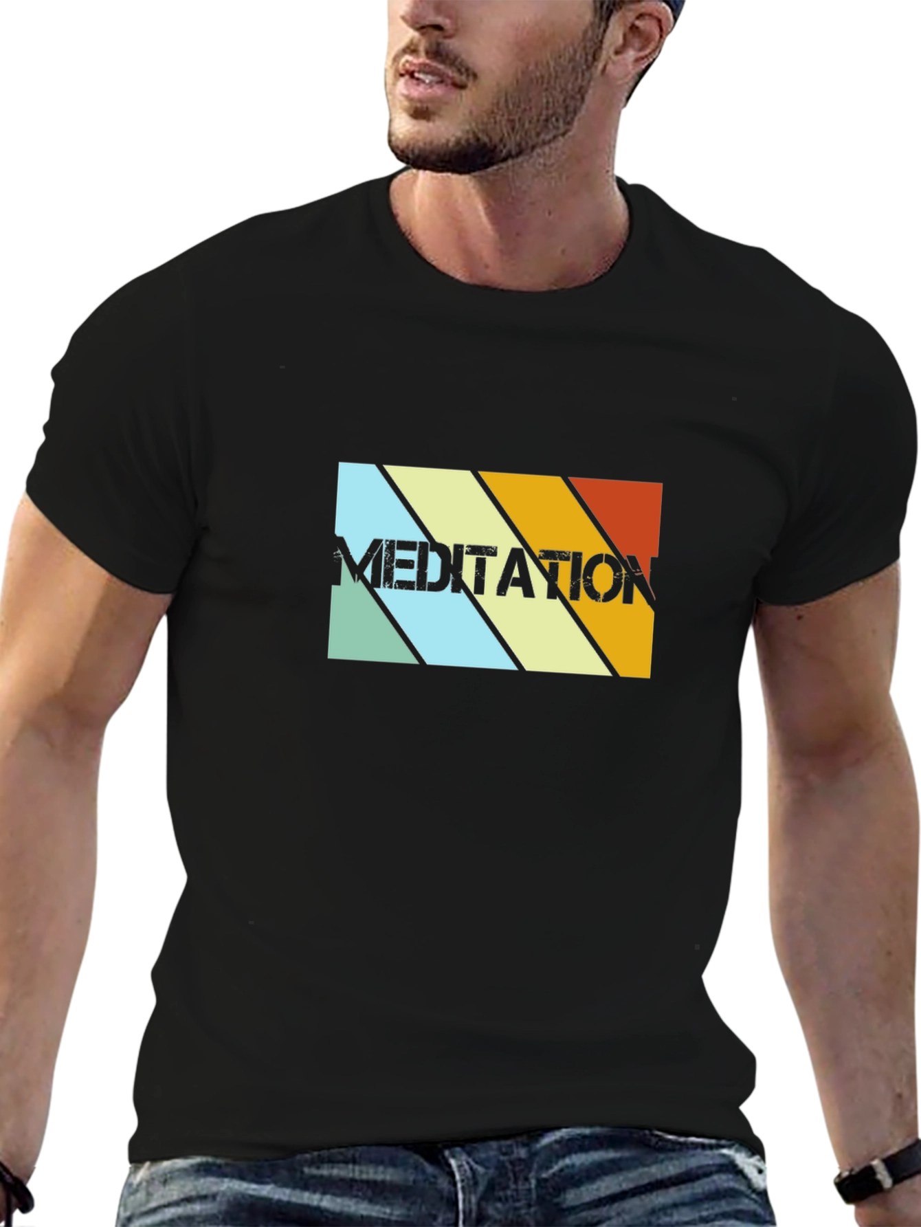 Meditation Retro Striped Graphic Tee - Black