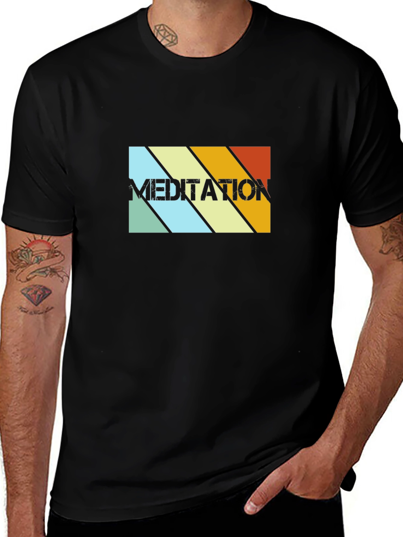 Meditation Retro Striped Graphic Tee - Black