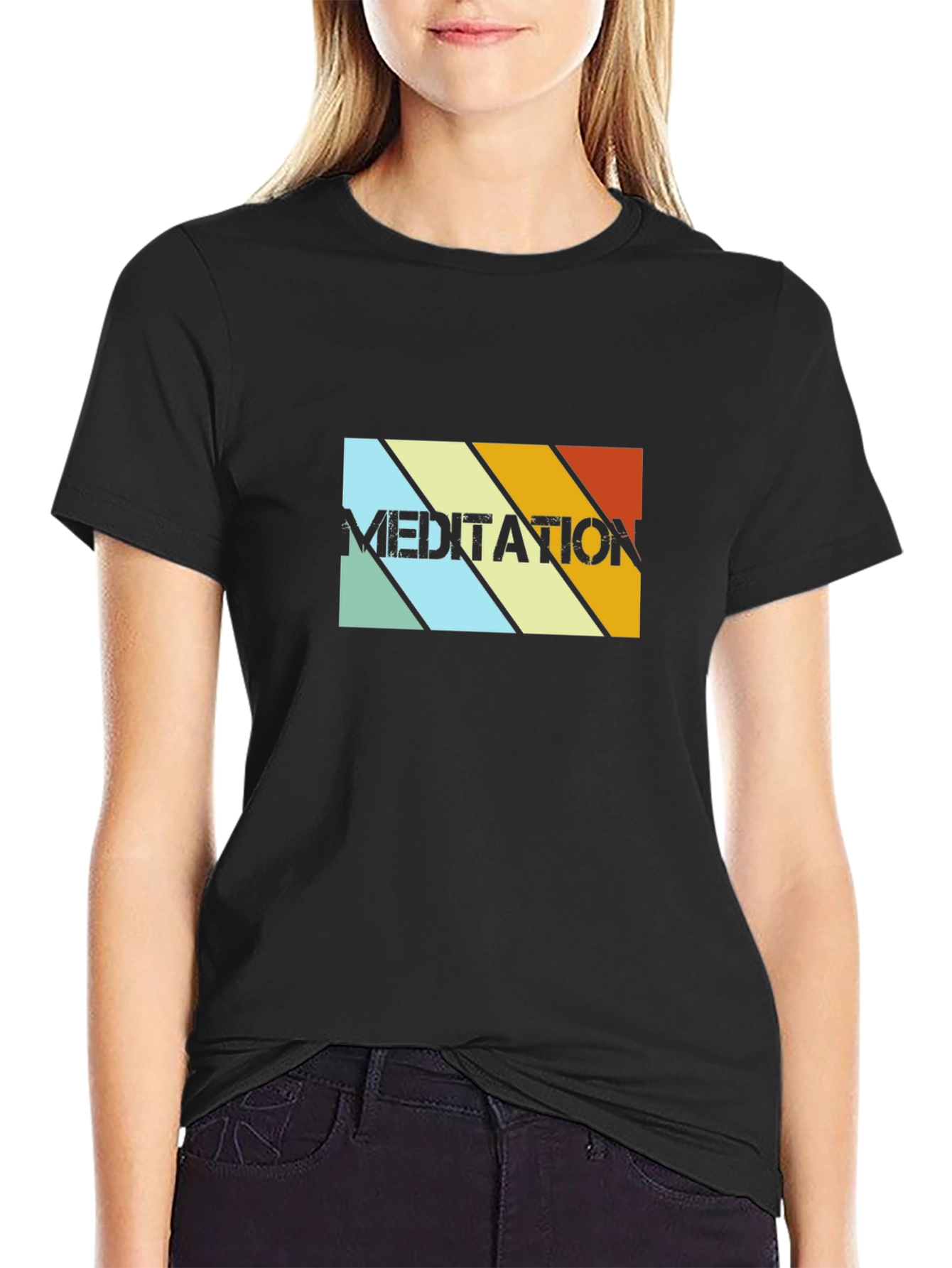 Meditation Retro Striped Graphic Tee - Black