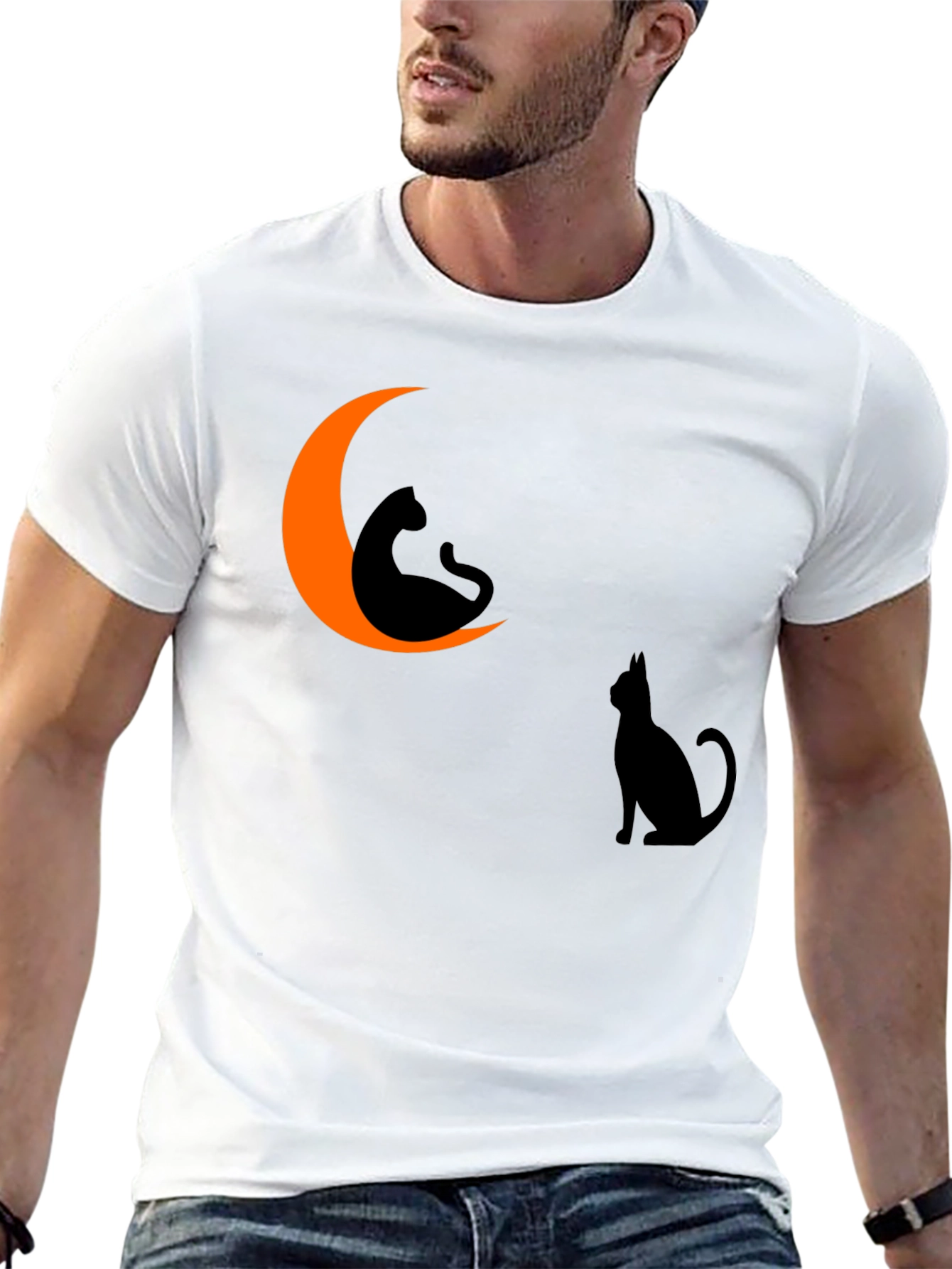 Halloween Cat Moon Graphic Tee - Black Cotton T-Shirt