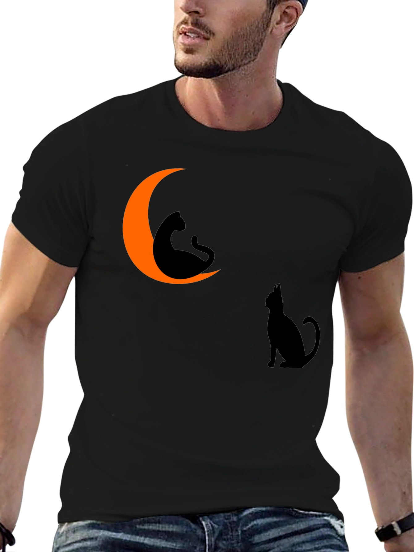 Halloween Cat Moon Graphic Tee - Black Cotton T-Shirt