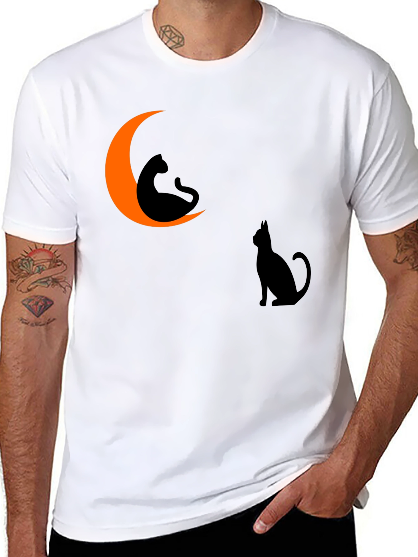Halloween Cat Moon Graphic Tee - Black Cotton T-Shirt