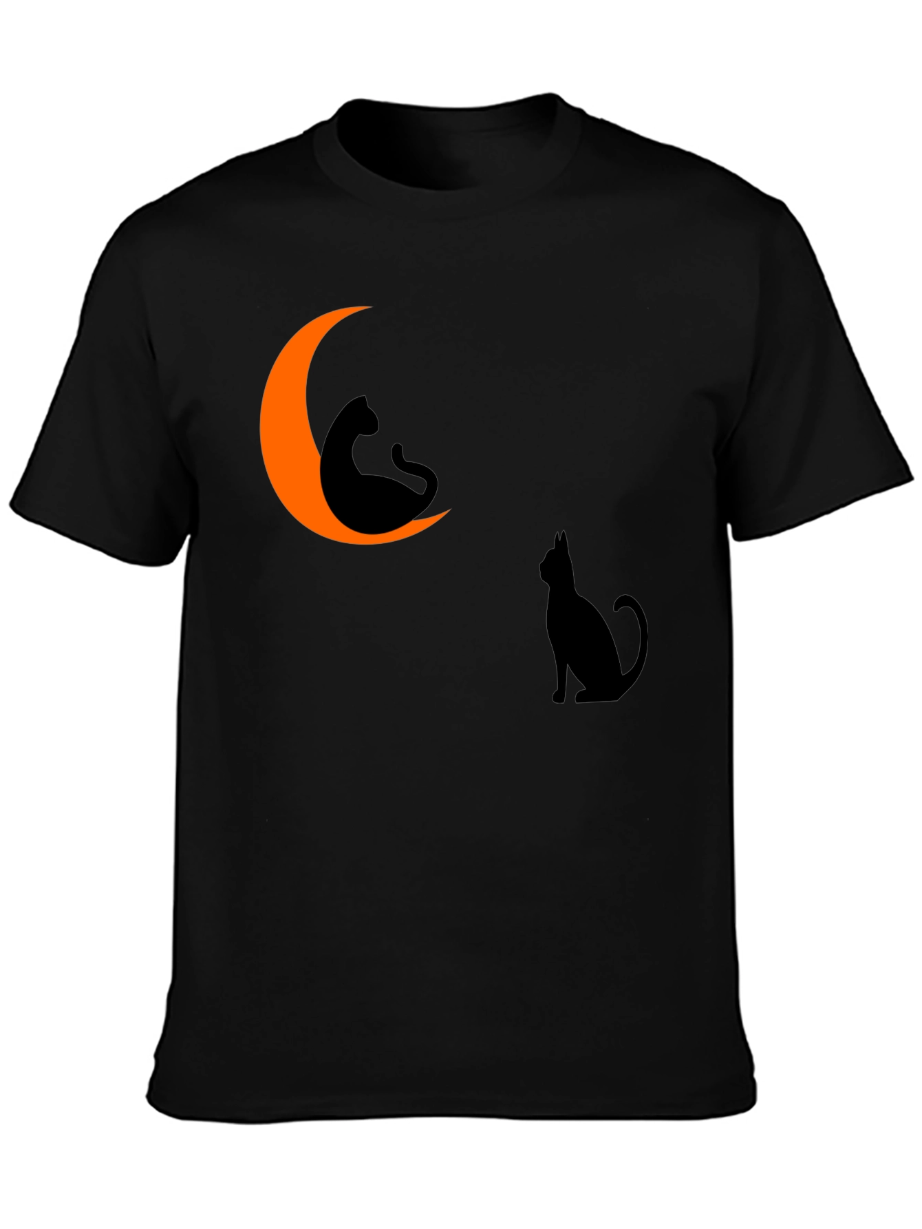 Halloween Cat Moon Graphic Tee - Black Cotton T-Shirt