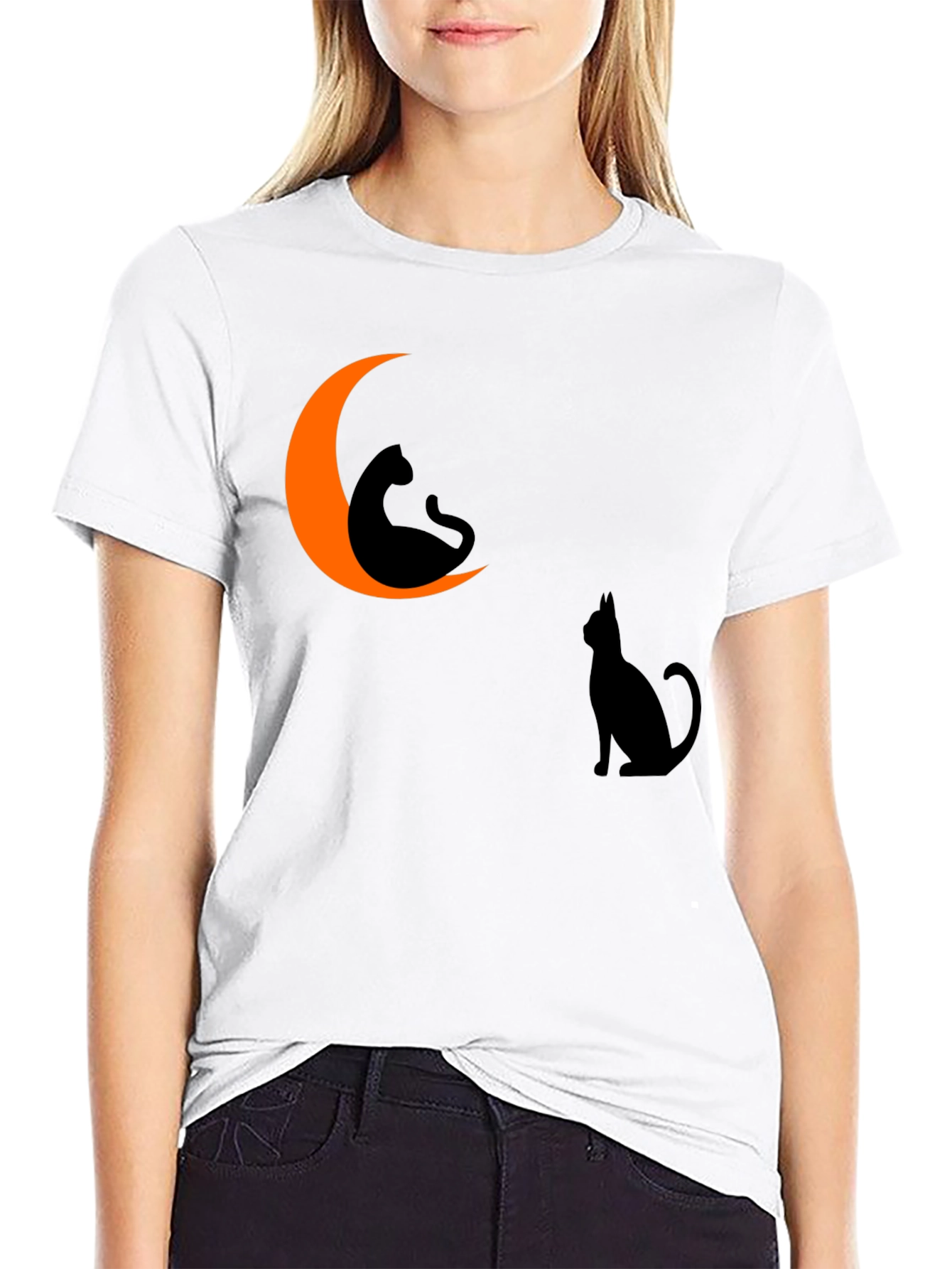 Halloween Cat Moon Graphic Tee - Black Cotton T-Shirt