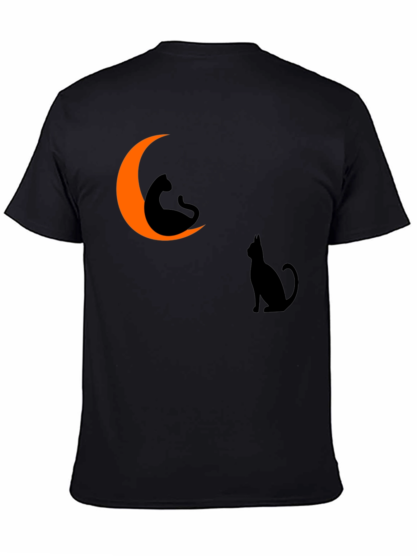 Halloween Cat Moon Graphic Tee - Black Cotton T-Shirt