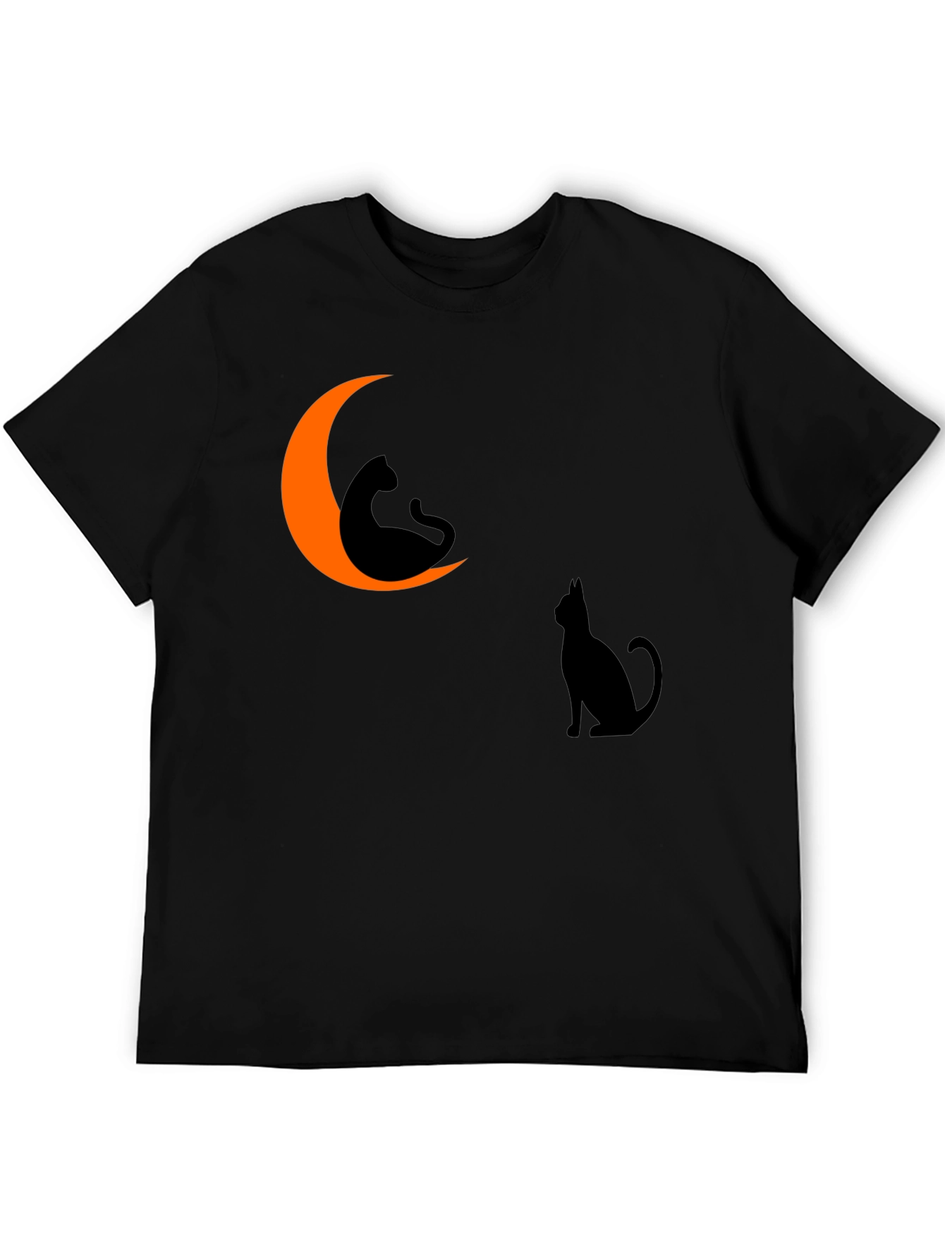Halloween Cat Moon Graphic Tee - Black Cotton T-Shirt