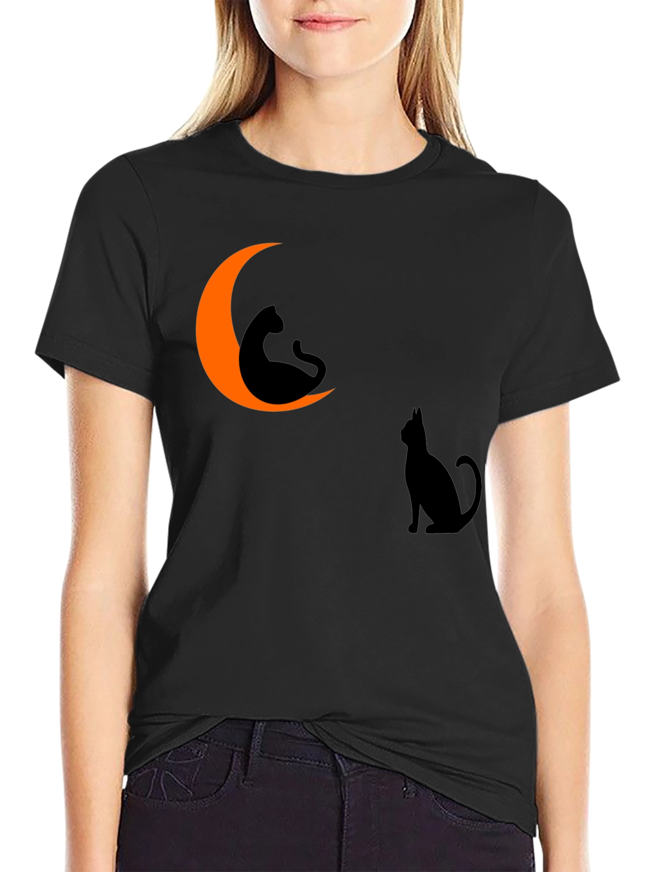 Halloween Cat Moon Graphic Tee - Black Cotton T-Shirt